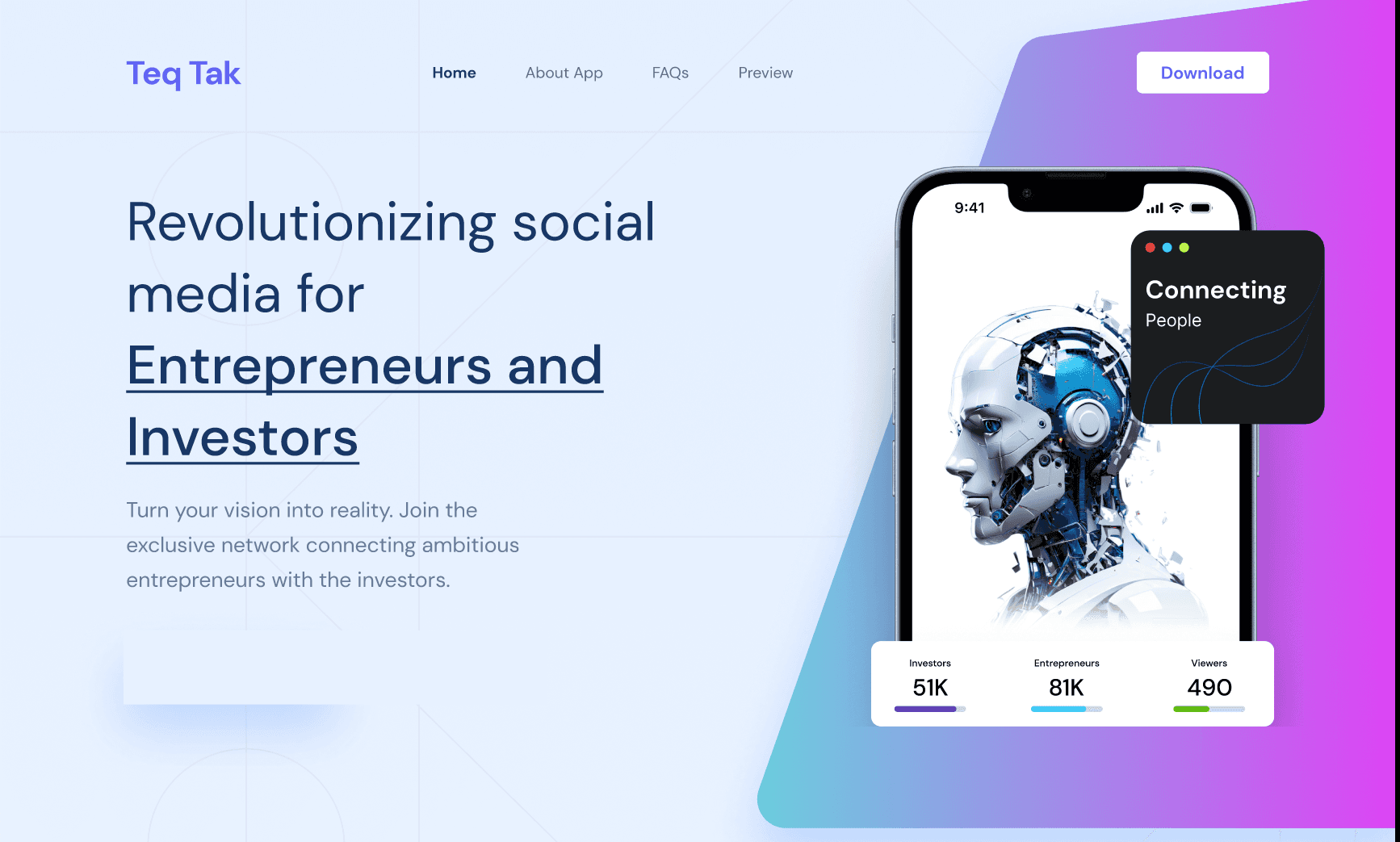 Teqtak homepage hero with app preview for entrepreneurs and investors